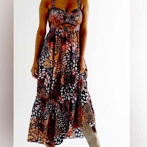 Anthropologie Dress geisha designs tiered cut out pleated maxi beaded print Med - Picture 1 of 13